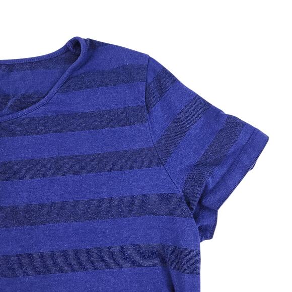 Blue Striped Shirt Womens PM Medium Petite Horizontal Sparkly Shimmer Cap Sleeve - Picture 5 of 12